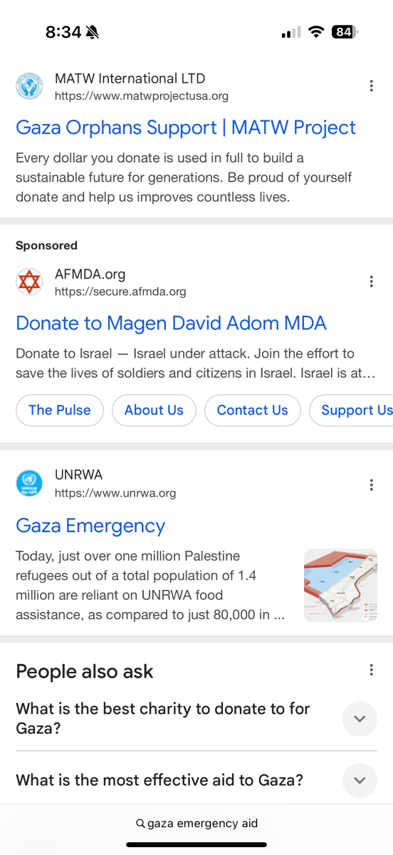 Screenshot of Magen David Adom ad on Google search for Gaza humanitarian aid